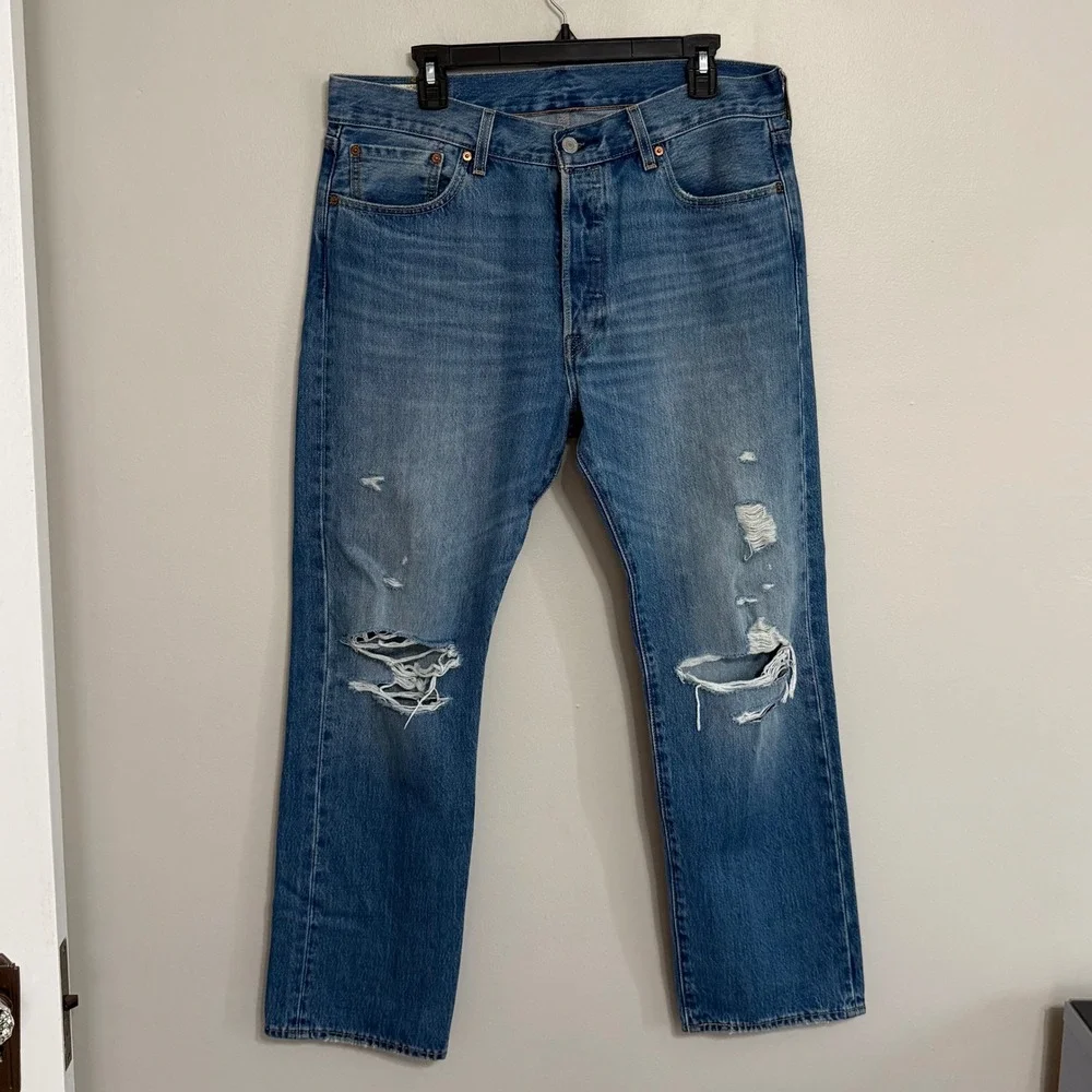 Levi's 501 Mens 34x30 150th Anniversary Distressed Straight Leg Denim Blue Jeans